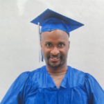 Portrait of a black man in a blue graduation gown and cap