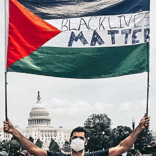 Man holding a Palestinian flag in front of the U.S. Capitol building, with the words "Black Lives Matter" in the flag's middle stripe