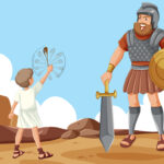 A little David with a slingshot faces a big Goliath soldier