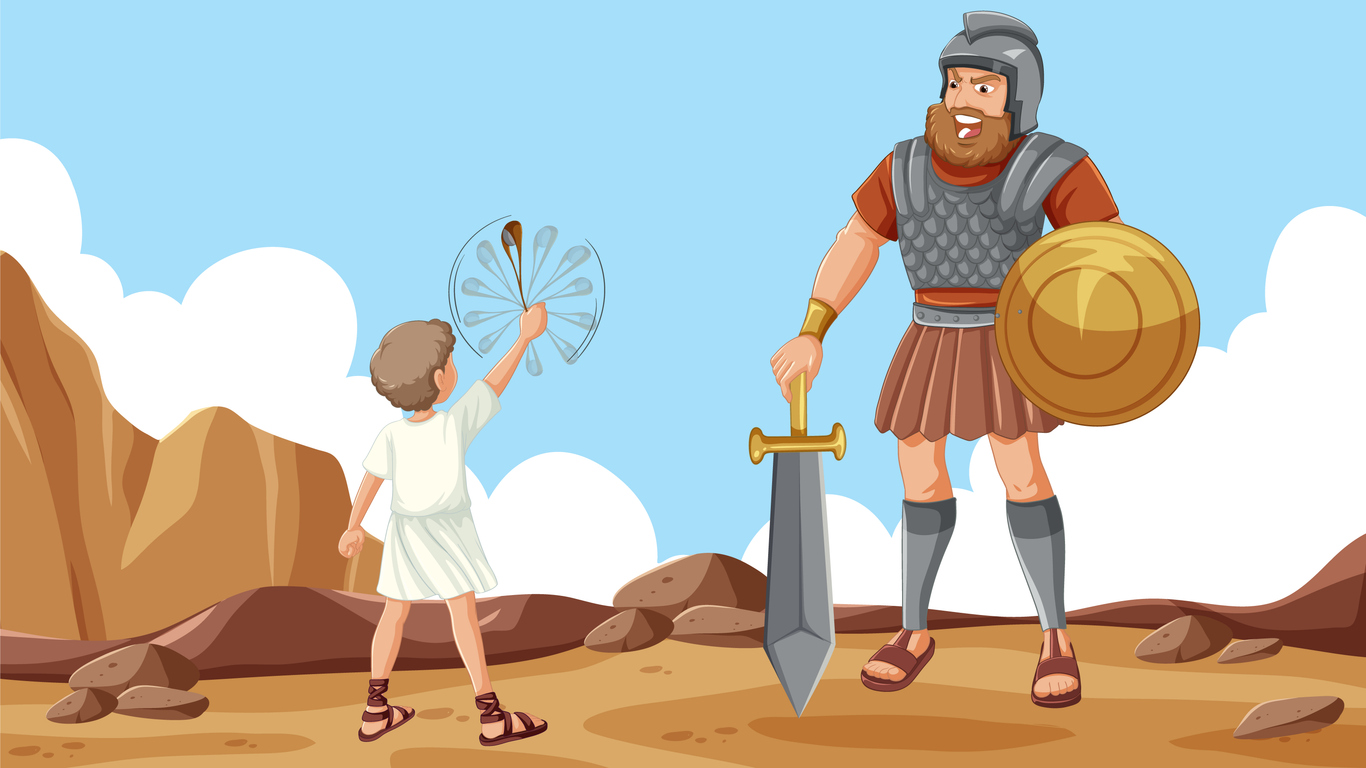 A little David with a slingshot faces a big Goliath soldier
