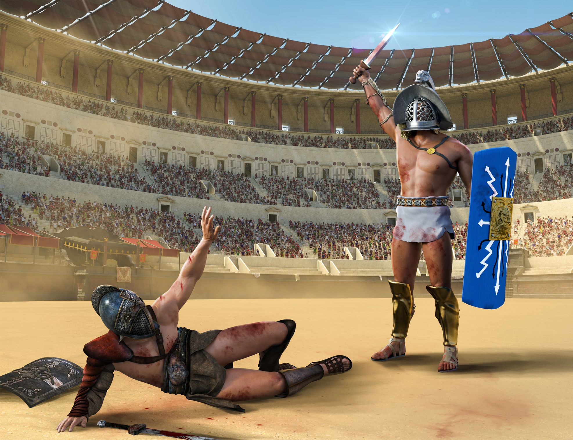 Gladiator fight in an ancient Roman colosseum. One gladiator on the ground begging for mercy, the other is victorious.