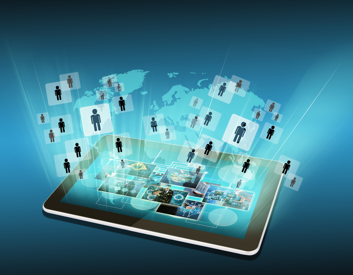 High Angle View Of Human Icons Emerging From Digital Tablet