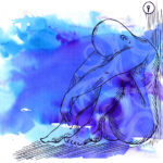 pen and ink illustration of a naked man crouching on the floor