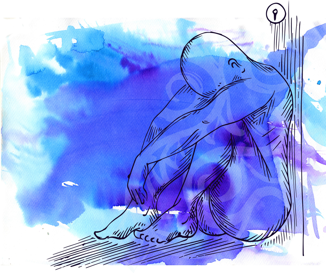 pen and ink illustration of a naked man crouching on the floor