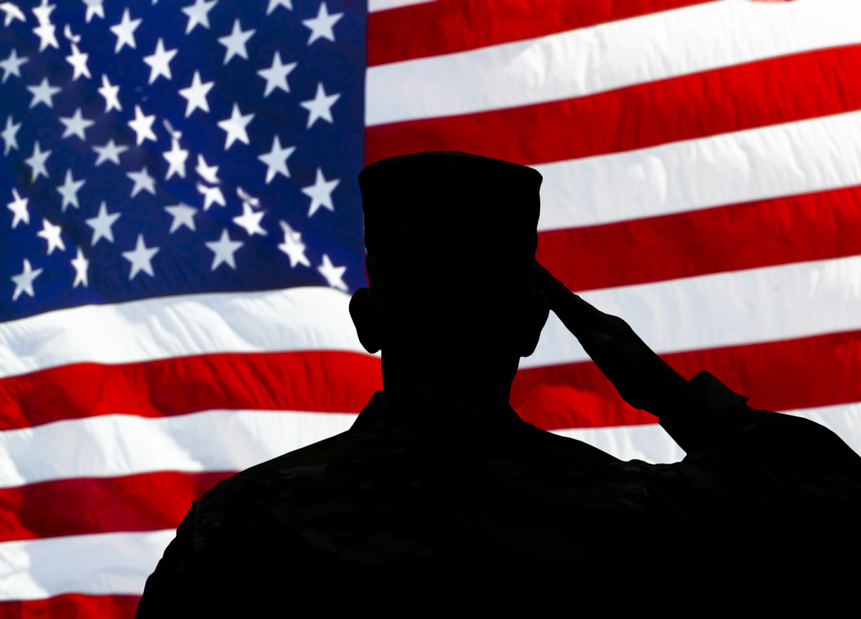Proud male army soldier saluting the American flag