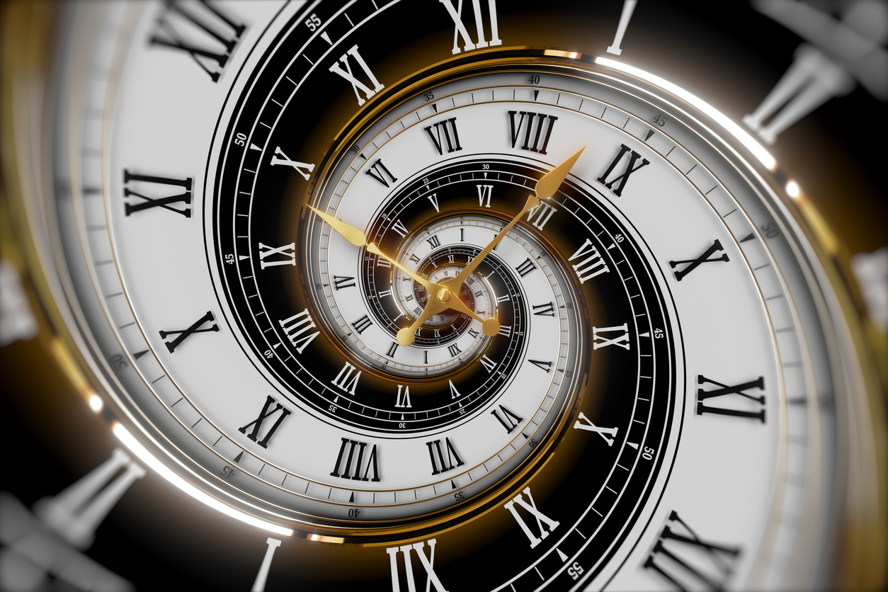 A watch turned in on itself so it spirals in a never-ending loop